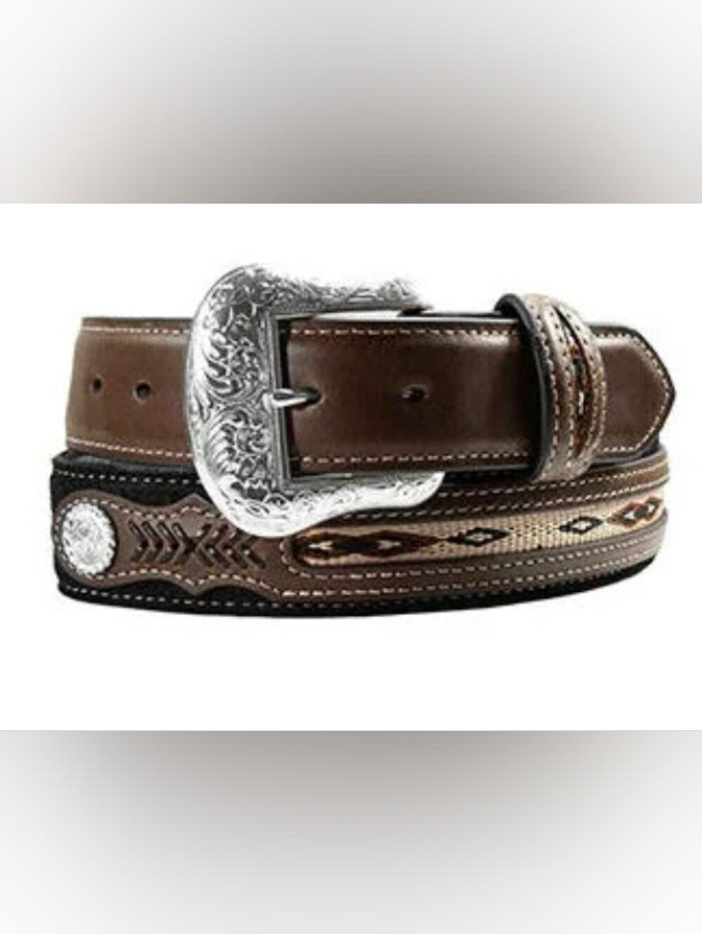 VINTAGE Nocona Leather Belt Black With Brown Tooled Inlay Silver Conchos SIZE 38